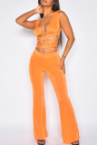 Orange Sexy Solid Bandage Hollowed Out Split Joint V Neck Sleeveless Two Pieces