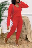 Red Casual Solid Patchwork U Neck Skinny Jumpsuits