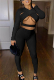 Black Fashion Sexy Solid Hollowed Out V Neck Long Sleeve Two Pieces
