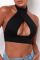 Black Sexy Solid Bandage Hollowed Out Split Joint Halter Tops