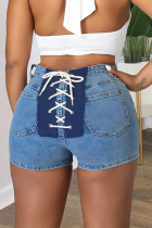 Baby Blue Casual Solid Patchwork Mid Waist Skinny Denim Shorts