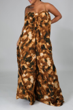 Brown Sexy Leopard Patchwork Spaghetti Strap Loose Jumpsuits