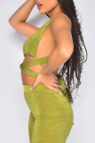 Green Sexy Solid Bandage Hollowed Out Split Joint V Neck Sleeveless Two Pieces
