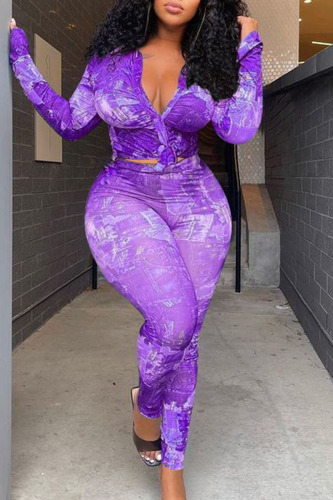 Purple Sexy Print Patchwork Flounce Turndown Collar Plus Size Two Pieces