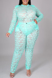 Mint green Sexy Solid Patchwork See-through O Neck Plus Size Two Pieces