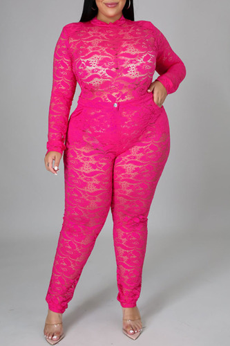 Rose Red Sexy Solid Patchwork See-through O Neck Plus Size Two Pieces