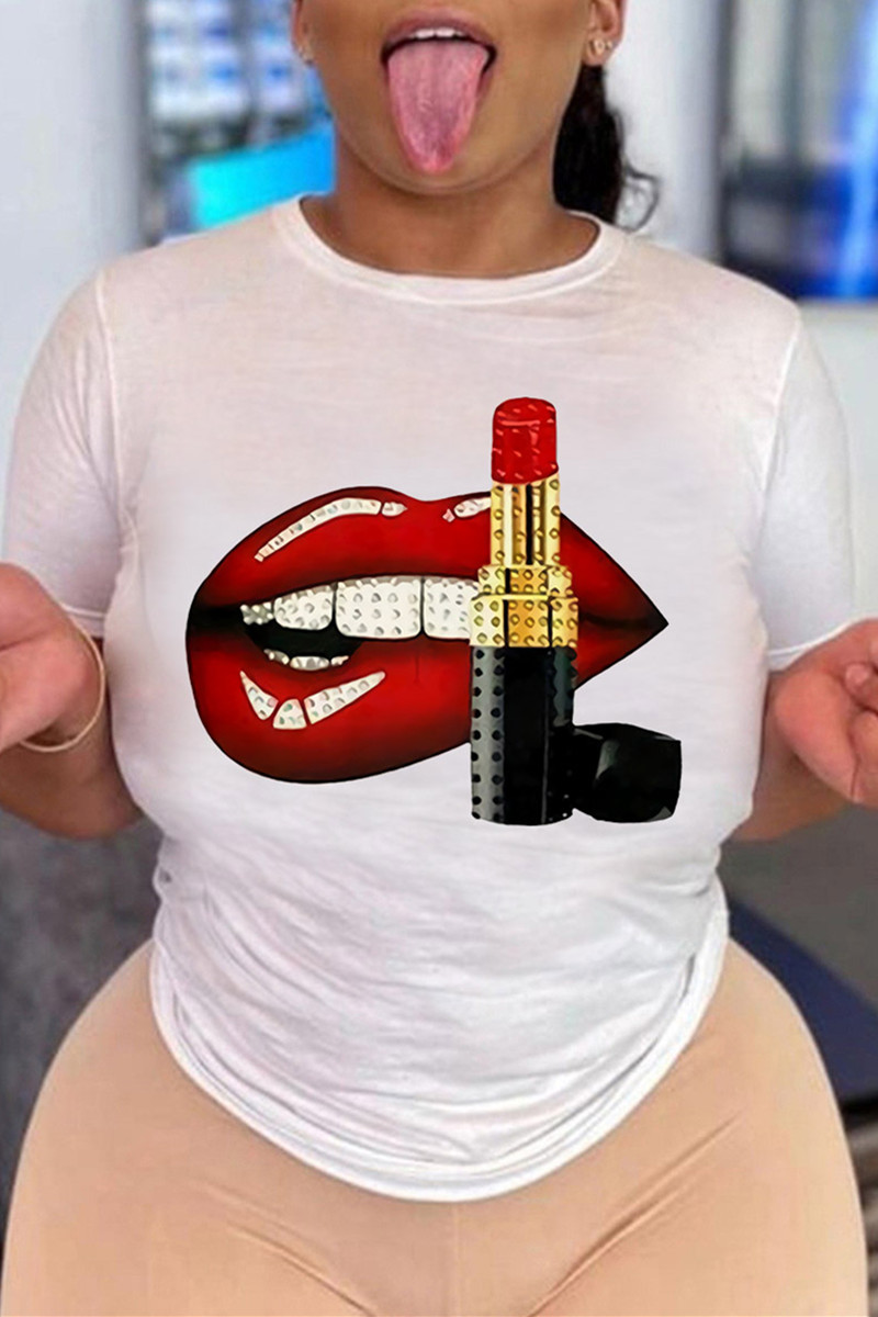 

White Fashion Casual Print Basic O Neck T-Shirts