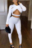 White Fashion Sexy Solid Hollowed Out V Neck Long Sleeve Two Pieces