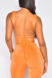 Orange Sexy Solid Bandage Hollowed Out Split Joint V Neck Sleeveless Two Pieces