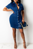 Deep Blue Fashion Casual Solid Buckle Turndown Collar Denim Dress