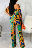 Multicolor Sexy Print Patchwork Off the Shoulder Straight Jumpsuits