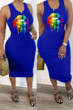 Black Sexy Fashion Rainbow Color Lips Print Bodycorn Sleeveless Vest Midi Dress