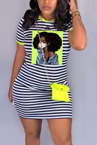 Green Fashion Casual Stripe Print Short Sleeve Dress