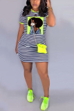 Green Fashion Casual Stripe Print Short Sleeve Dress
