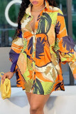 Multicolor Fashion Casual Print Without Belt Turndown Collar Long Sleeve Shirt Dress