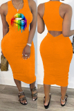 Orange Sexy Fashion Rainbow Color Lips Print Bodycorn Sleeveless Vest Midi Dress