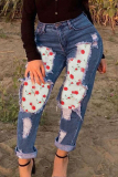 Light Blue Fashion Casual Patchwork Ripped High Waist Jeans