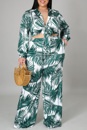 Green Fashion Casual Print Bandage Cardigan Turndown Collar Plus Size Two Pieces