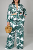 Green Fashion Casual Print Bandage Cardigan Turndown Collar Plus Size Two Pieces