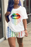 Orange Rainbow Lip Print T-shirt Shorts Sporty Wears Two Piece Sets