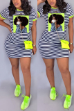 Green Fashion Casual Stripe Print Short Sleeve Dress