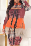 Tangerine Red Fashion Casual Plus Size Print Tie Dye Hollowed Out Half A Turtleneck Long Sleeve Dresses