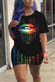 White Rainbow Lip Print T-shirt Shorts Sporty Wears Two Piece Sets