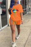 Orange Fashion Printed T-shirt Shorts Casual Set