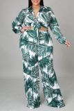 Green Fashion Casual Print Bandage Cardigan Turndown Collar Plus Size Two Pieces