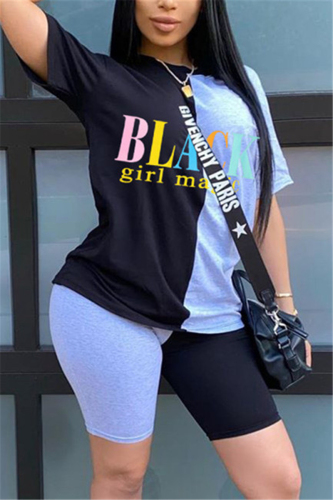 Black Fashion Letter Printed T-shirt Stitching Set