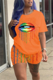 Orange Rainbow Lip Print T-shirt Shorts Sporty Wears Two Piece Sets