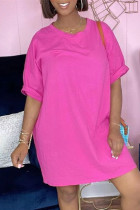 Pink Fashion Casual Solid Basic O Neck Short Sleeve Dresses