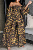 Brown Fashion Print Backless Off the Shoulder Plus Size Jumpsuits