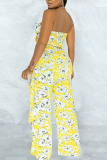 Yellow Sexy Print Patchwork Flounce Strapless Sleeveless Two Pieces