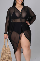 Black Sexy Solid Patchwork Buttons See-through Asymmetrical V Neck Plus Size Tops
