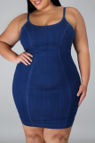 Blue Casual Solid Patchwork Spaghetti Strap Pencil Skirt Plus Size Dresses