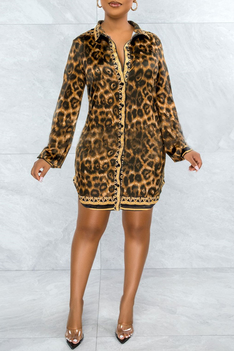 Leopard Print Fashion Casual Print Basic Turndown Collar Long Sleeve