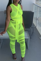 Fluorescent Green Fashion Sexy Solid Hollowed Out See-through O Neck Two Pieces