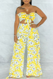 Yellow Sexy Print Patchwork Flounce Strapless Sleeveless Two Pieces