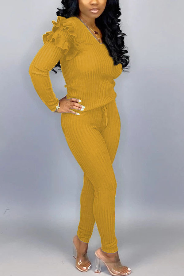 

Yellow Sexy Solid O Neck Long Sleeve Regular Two Pieces