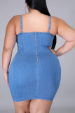 Light Blue Casual Solid Patchwork Spaghetti Strap Pencil Skirt Plus Size Dresses