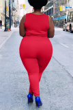 Red Fashion Casual Solid Vests Pants O Neck Plus Size Two Pieces