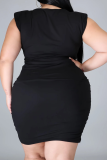 Black Casual Solid Patchwork O Neck Pencil Skirt Plus Size Dresses