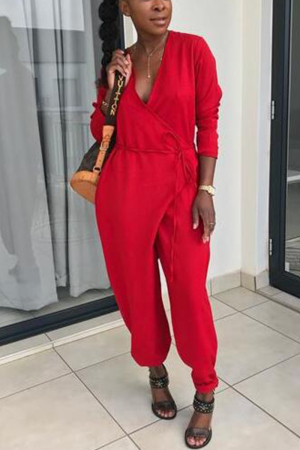 Red Fashion street Solid bandage Long Sleeve V Neck Jumpsuits