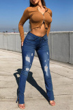 Baby Blue Fashion Casual Solid Ripped Slit High Waist Regular Jeans