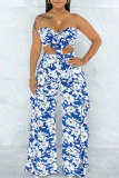 Blue Sexy Print Patchwork Flounce Strapless Sleeveless Two Pieces