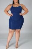 Light Blue Casual Solid Patchwork Spaghetti Strap Pencil Skirt Plus Size Dresses