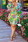Multicolor Sexy Print Patchwork Square Collar Pencil Skirt Dresses
