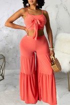 Tangerine Sexy Solid Split Joint Flounce With Bow Spaghetti Strap Sleeveless Two Pieces