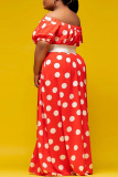 Red Sweet Print Polka Dot Patchwork Off the Shoulder A Line Plus Size Dresses